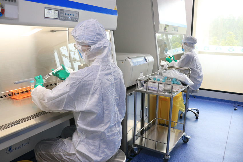 生产人员在细胞生产车间制备细胞。受访者供图