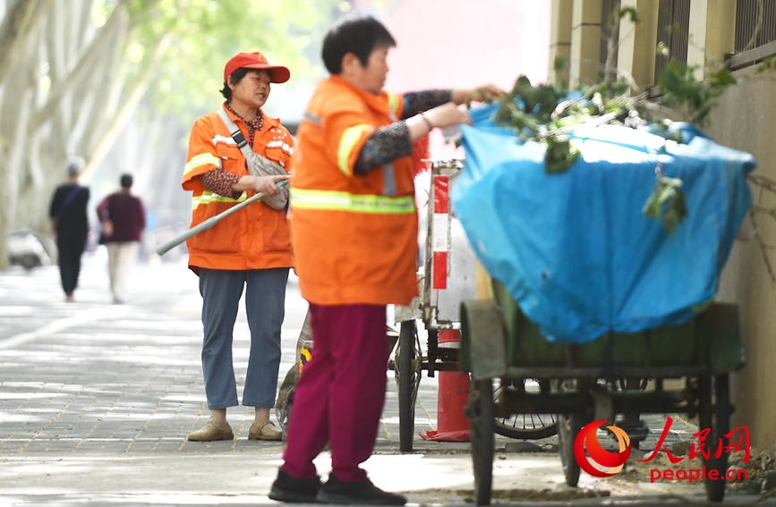 环卫工人在洛阳市涧西区西苑路附近进行路面清扫工作。人民网记者 尚明桢摄