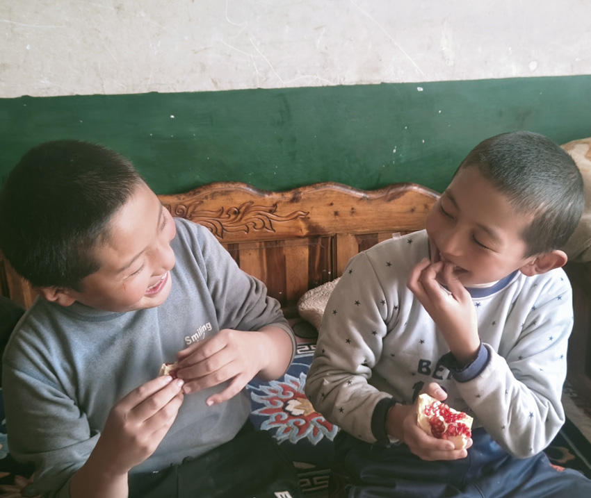 孩子们吃起石榴很开心。受访者供图