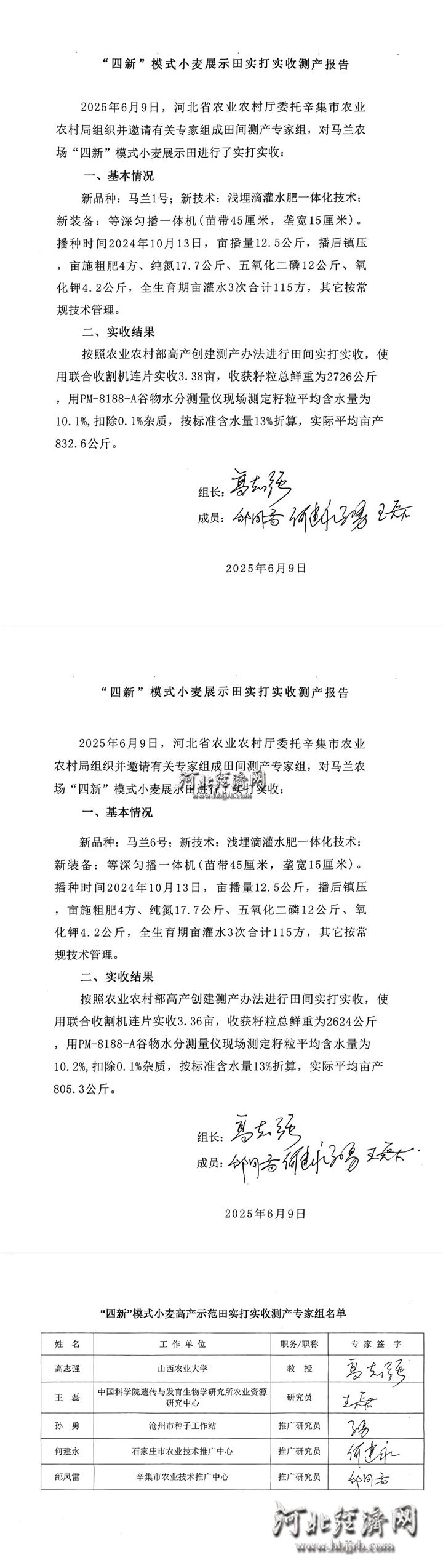 “四新”模式小麦展示田实打实收测产报告。_副本