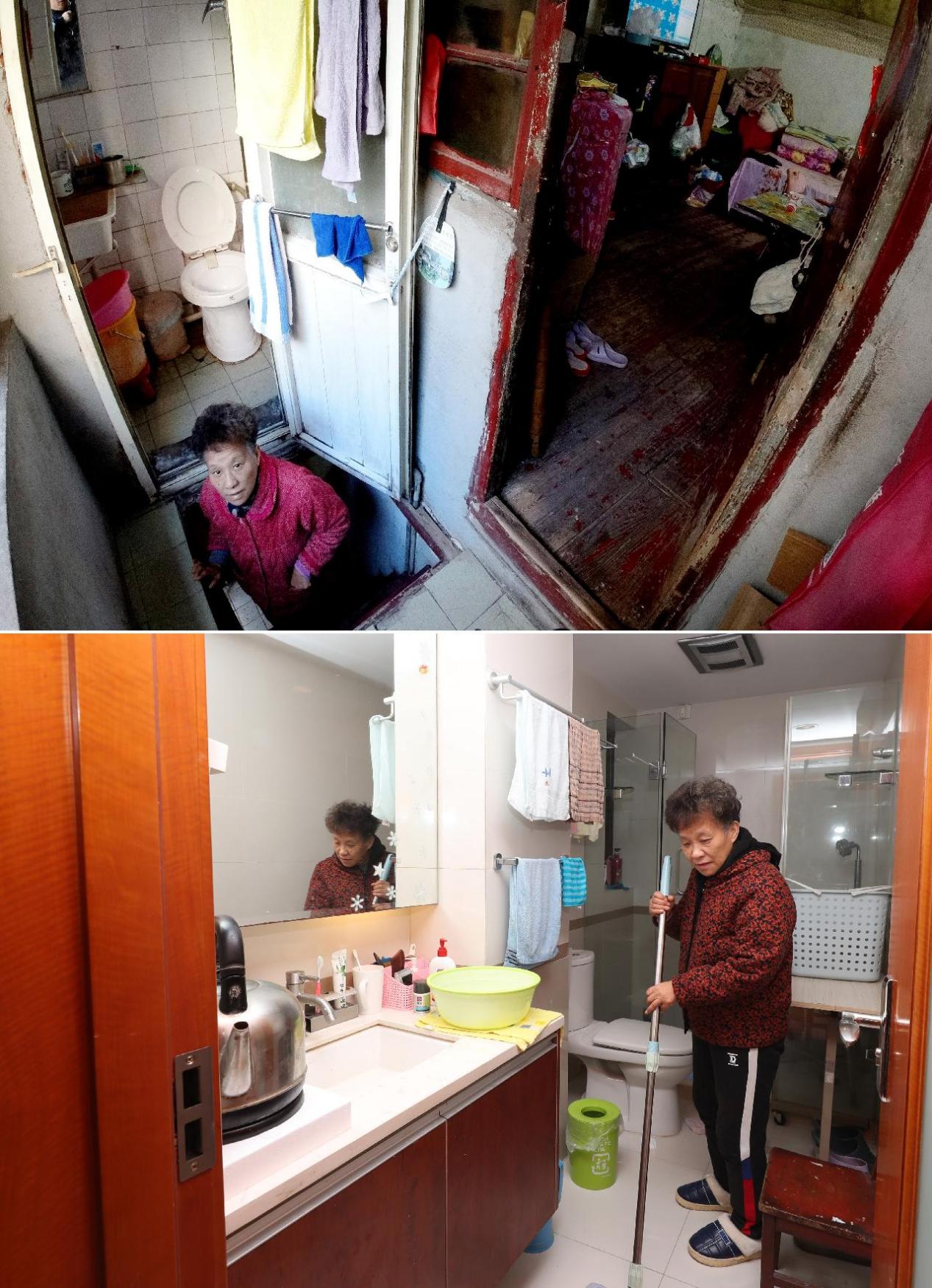 上图是在位于杨浦区杭州路471弄的老房子里，邱燕萍沿着阁楼楼梯走上来，头顶后就是仅够一人使用的卫生间（2020年12月9日摄）；下图是邱燕萍在动迁到青浦区的新房子里打扫卫生间地面（2020年12月30日摄）新华社记者 方喆 摄